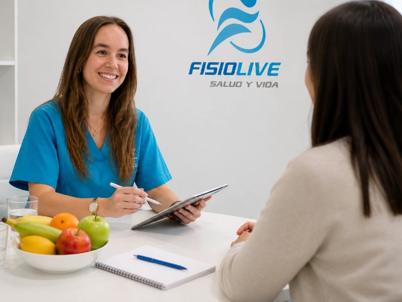 Consulta de nutricion en Valladolid con nutricionista de FisioLive explicando plan de perdida de peso