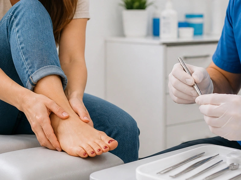 Paciente con dolor en el pie siendo atendido por podologo en Valladolid en clinica FisioLive