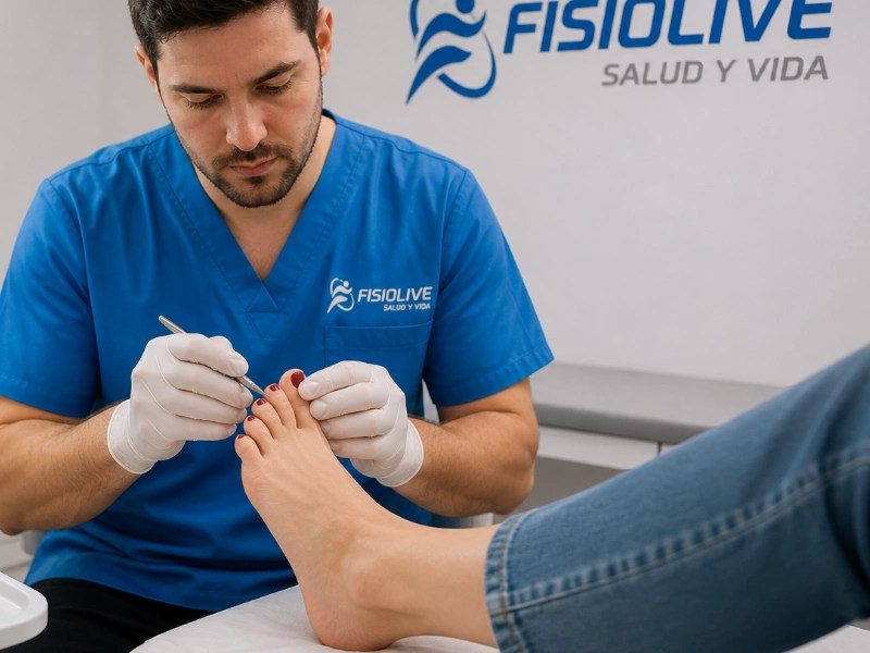 Podologo en Valladolid realizando tratamiento especializado en unas del pie en clinica FisioLive