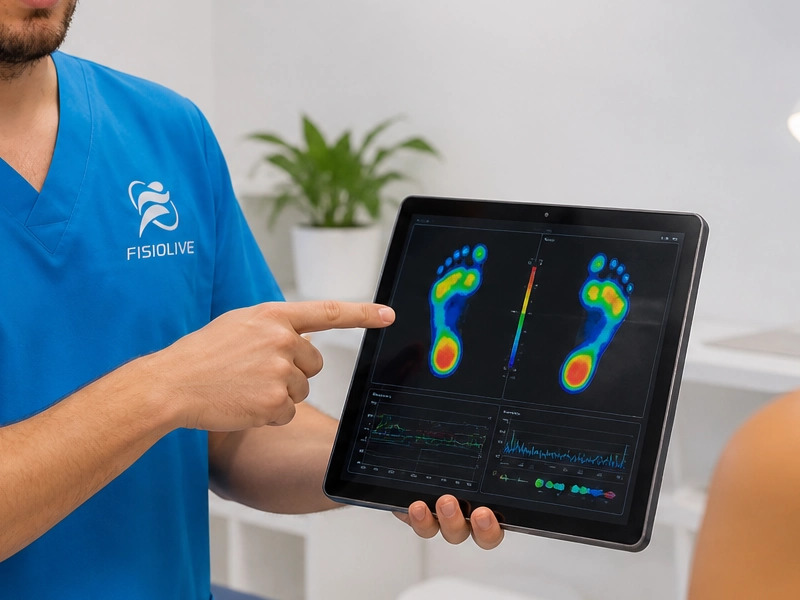 Podologo explicando analisis de la pisada con mapa de presiones en consulta de fisioterapia